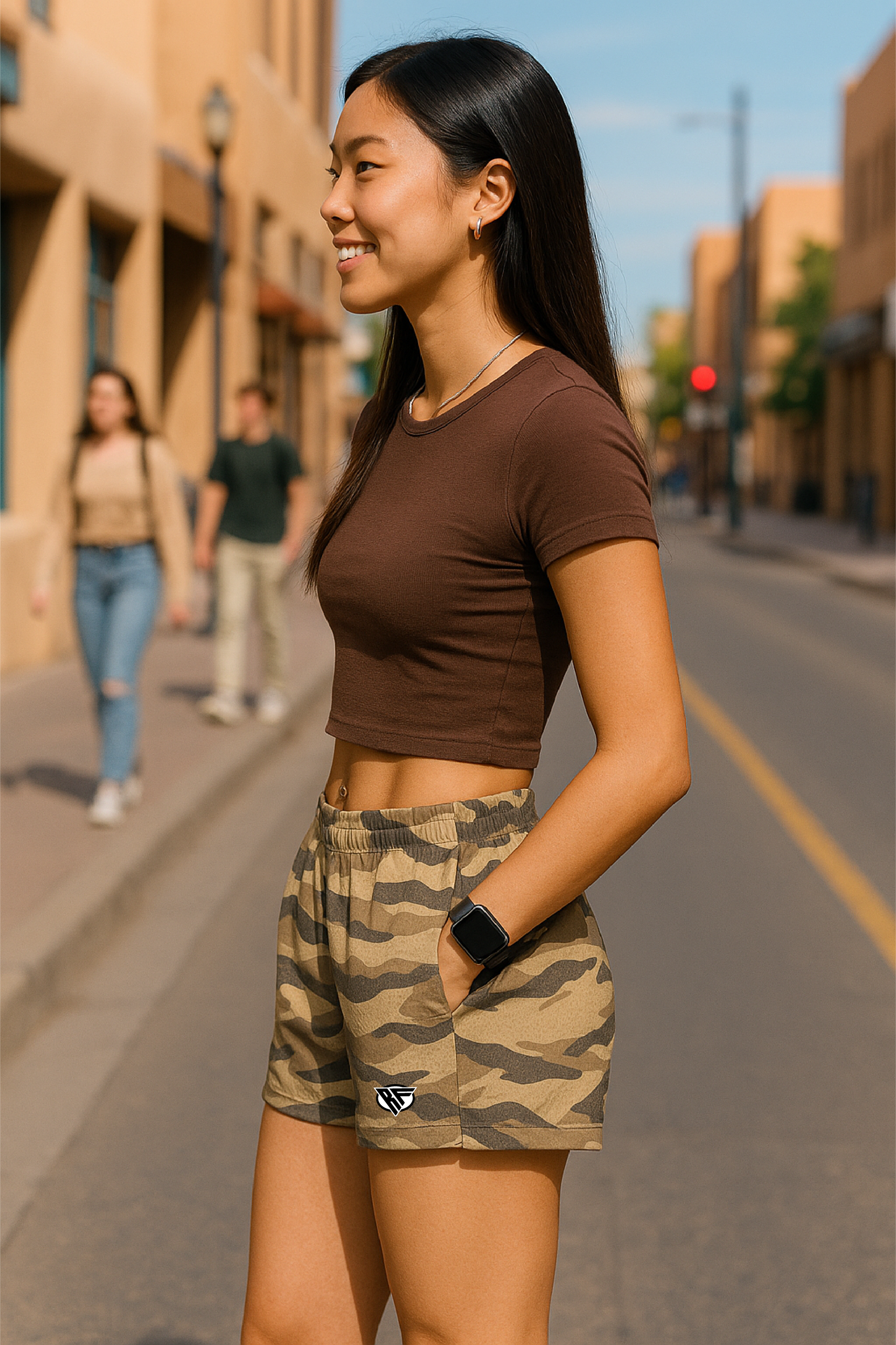 RF Wear Women's Tiger Camo Pocket Shorts - Tan - Model Side View