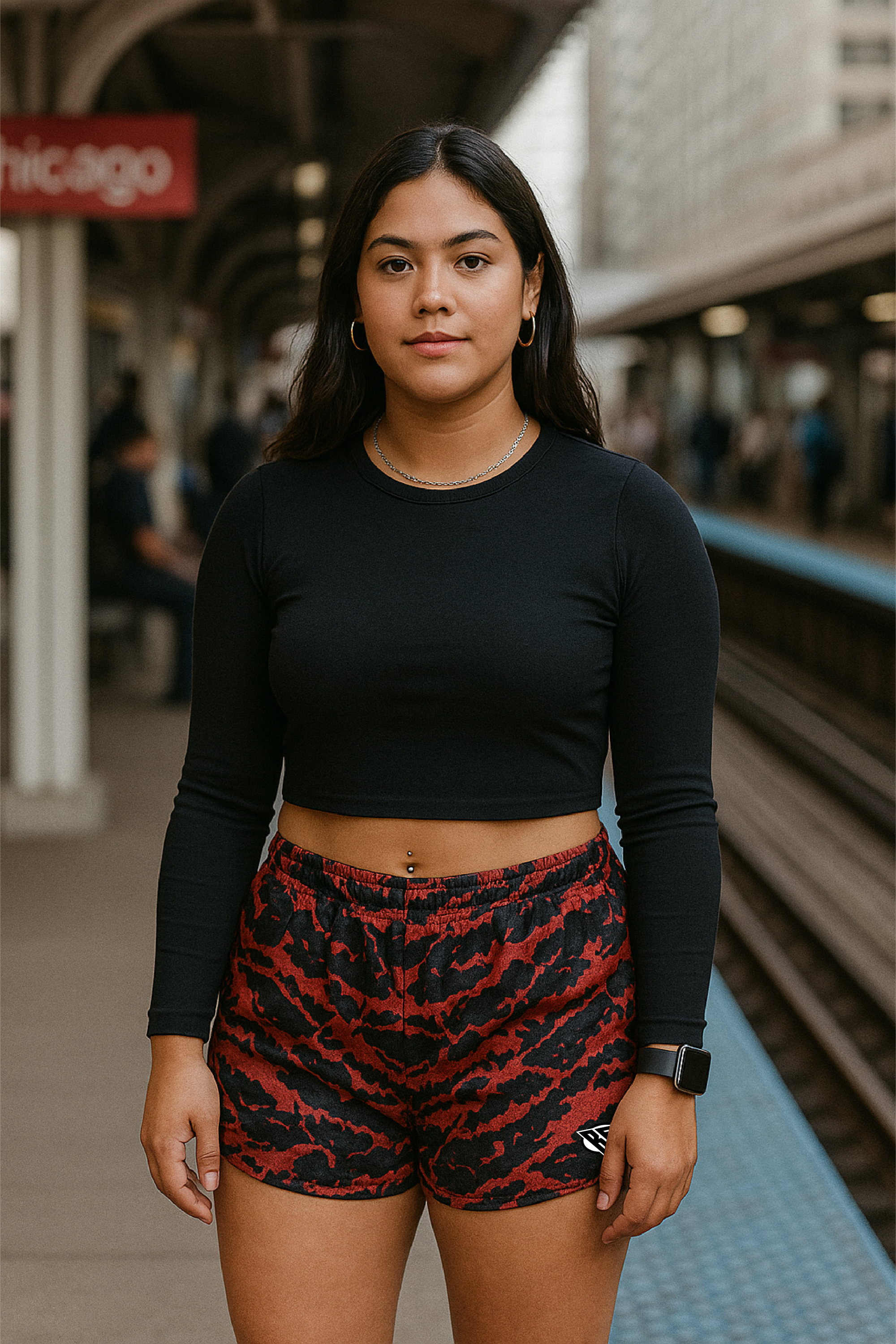 RF Wear Women's Tiger Camo Shorts - Red - Model Front View