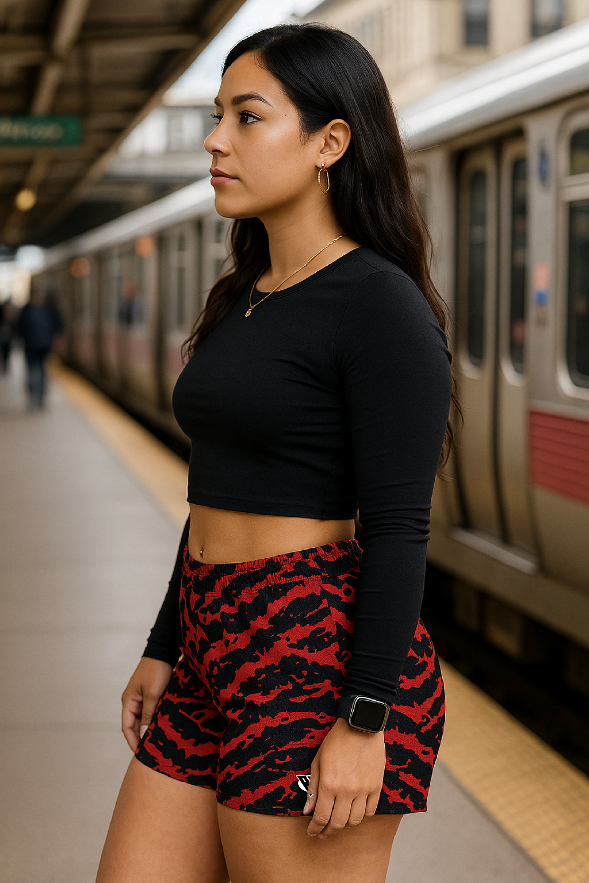 RF Wear Women's Tiger Camo Shorts - Red - Model Side View