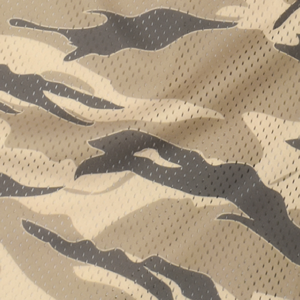 Close-up of RF-Wear Women's Tiger Camo Shorts in Tan