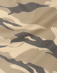Close-up of RF-Wear Women's Tiger Camo Shorts in Tan
