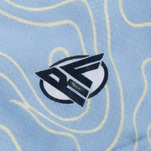Close-up of RF-Wear Women's Topography Shorts in Sky-Blue with RF logo