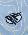 Close-up of RF-Wear Women's Topography Shorts in Sky-Blue with RF logo