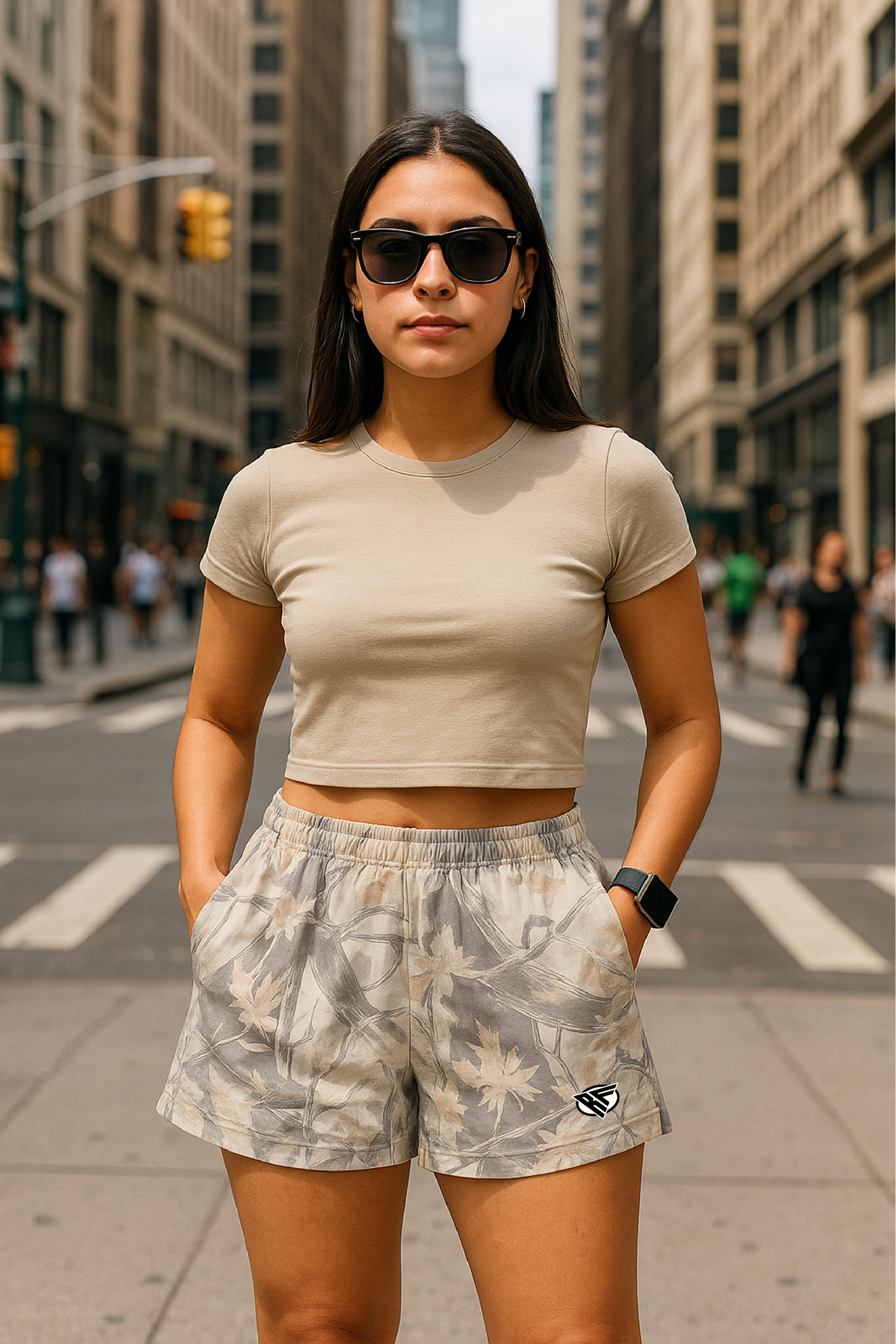 RF Wear Women's Tree Camo Pocket Shorts - Grey - Model Front View