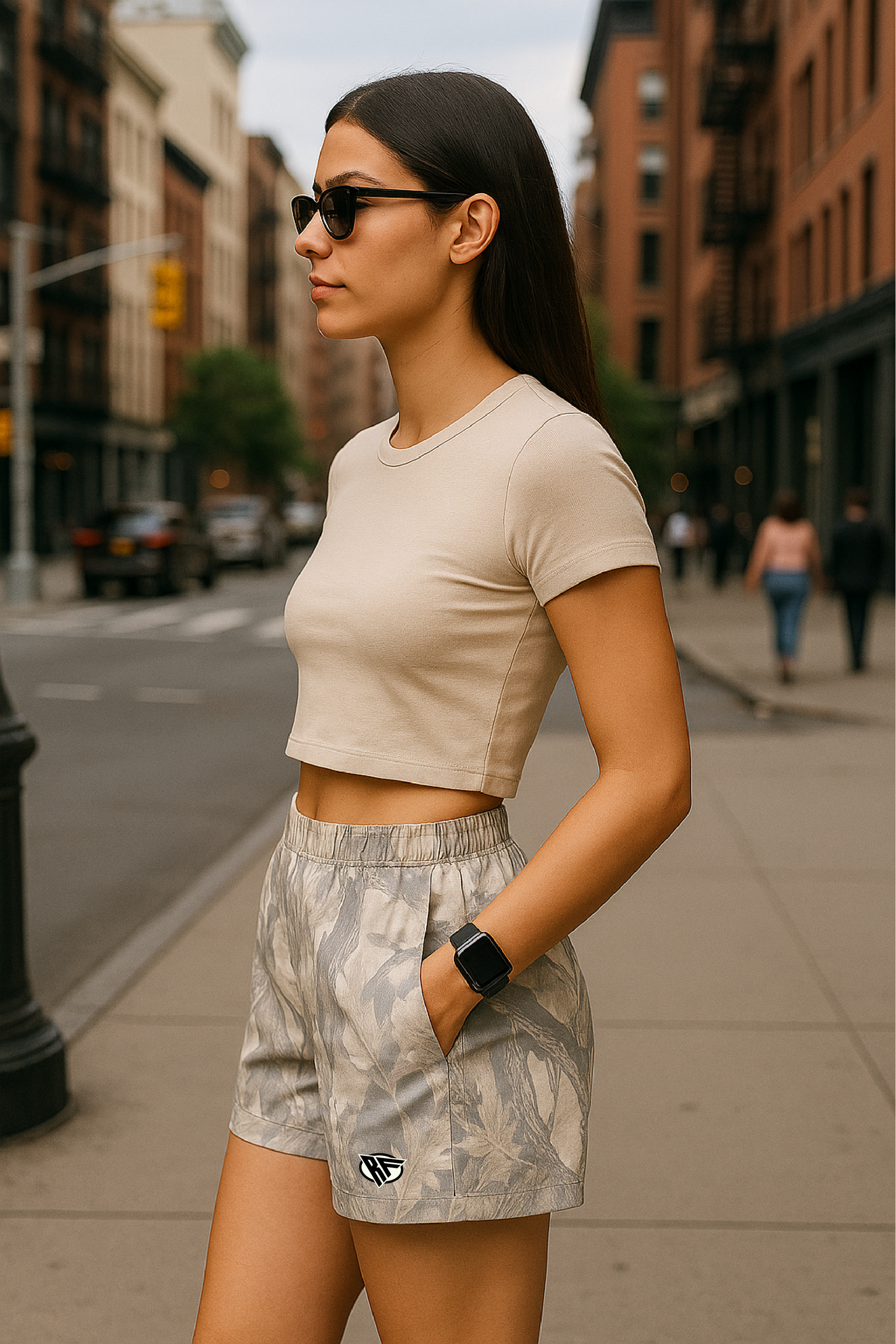 RF Wear Women&#39;s Tree Camo Pocket Shorts - Grey - Model Side View