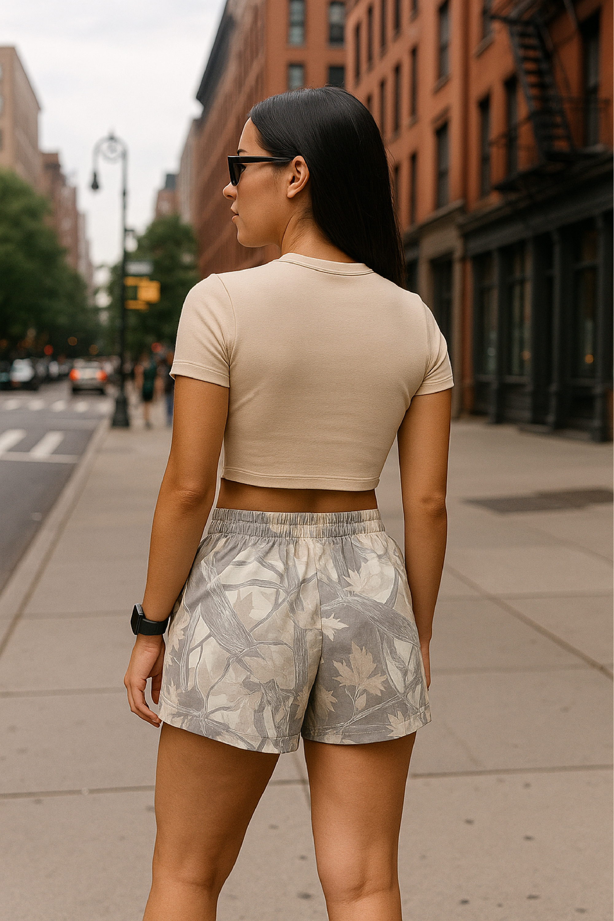 RF Wear Women&#39;s Tree Camo Pocket Shorts - Grey - Model Back View