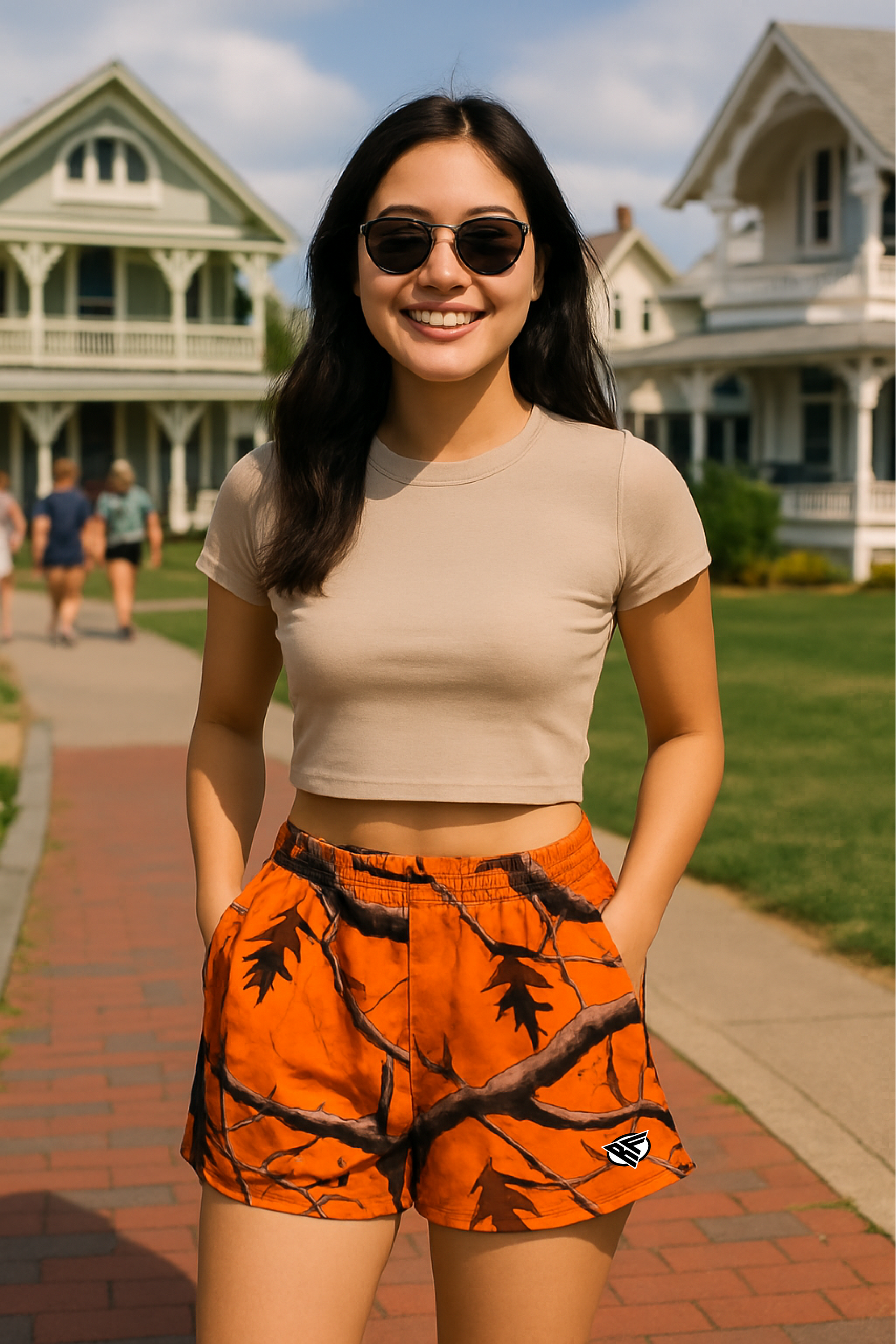 RF Wear Women's Tree Camo Pocket Shorts - Orange - Model Front View