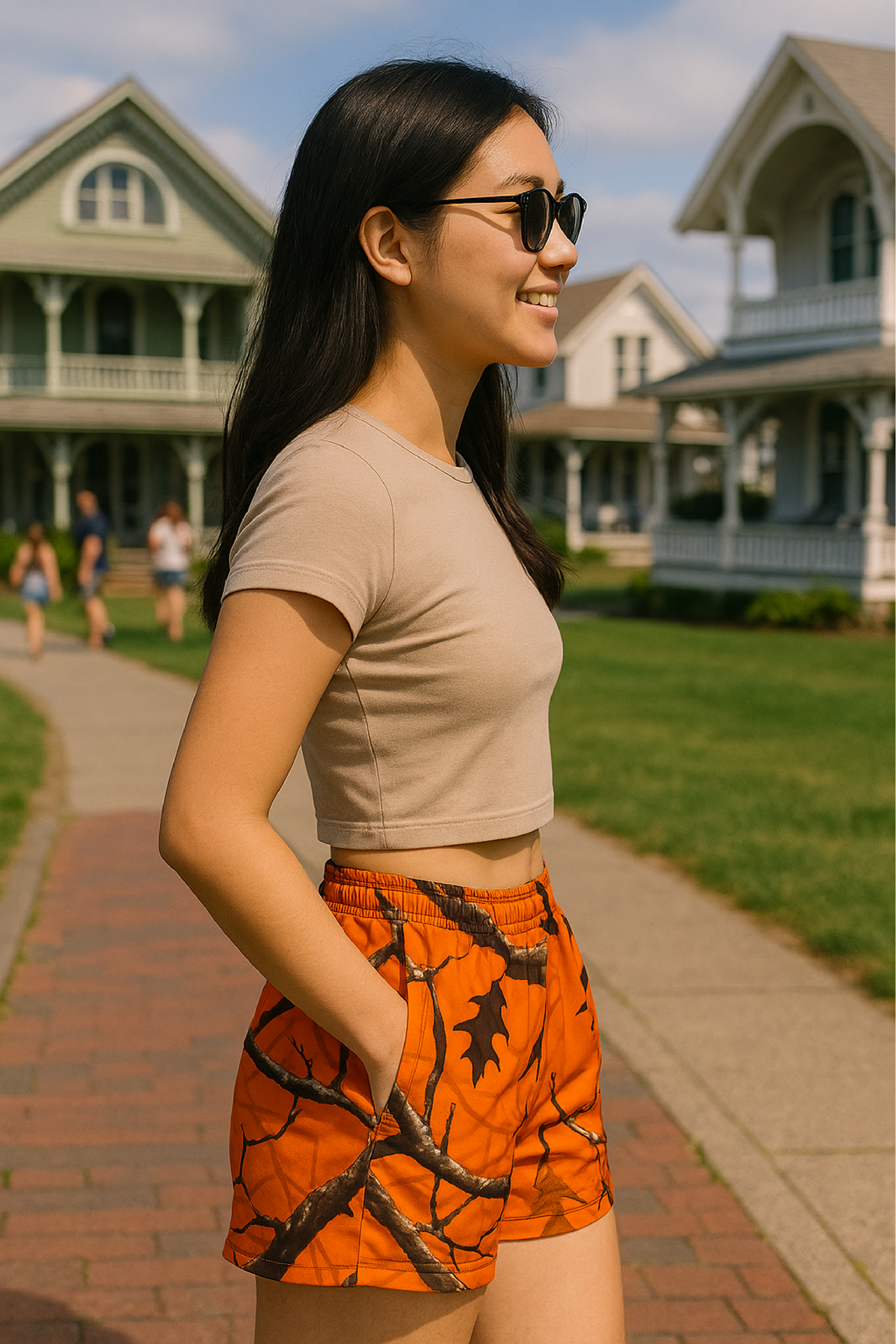 RF Wear Women's Tree Camo Pocket Shorts - Orange - Model Side View