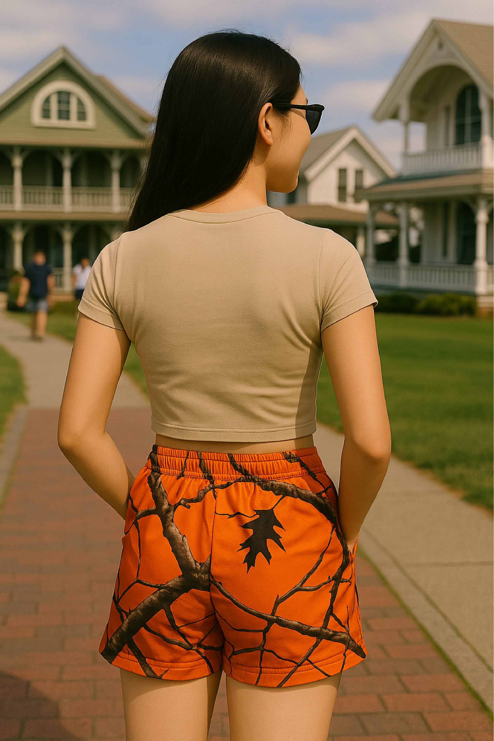 RF Wear Women's Tree Camo Pocket Shorts - Orange - Model Back View