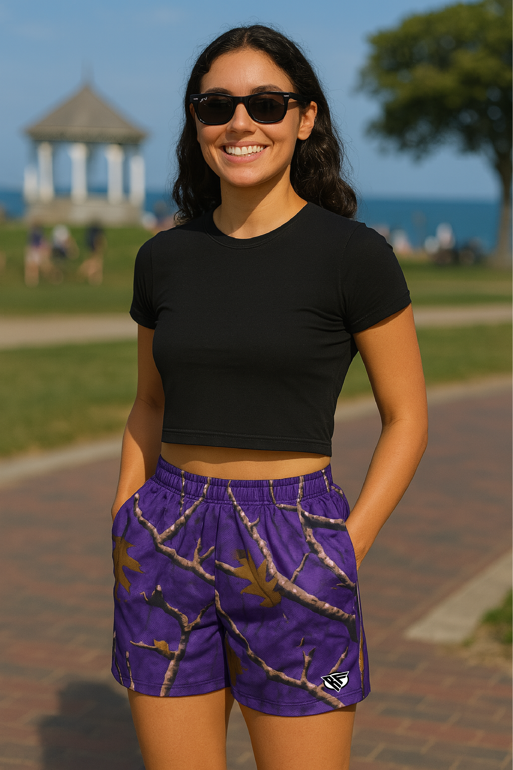 RF Wear Women's Tree Camo Pocket Shorts - Purple - Model Front View