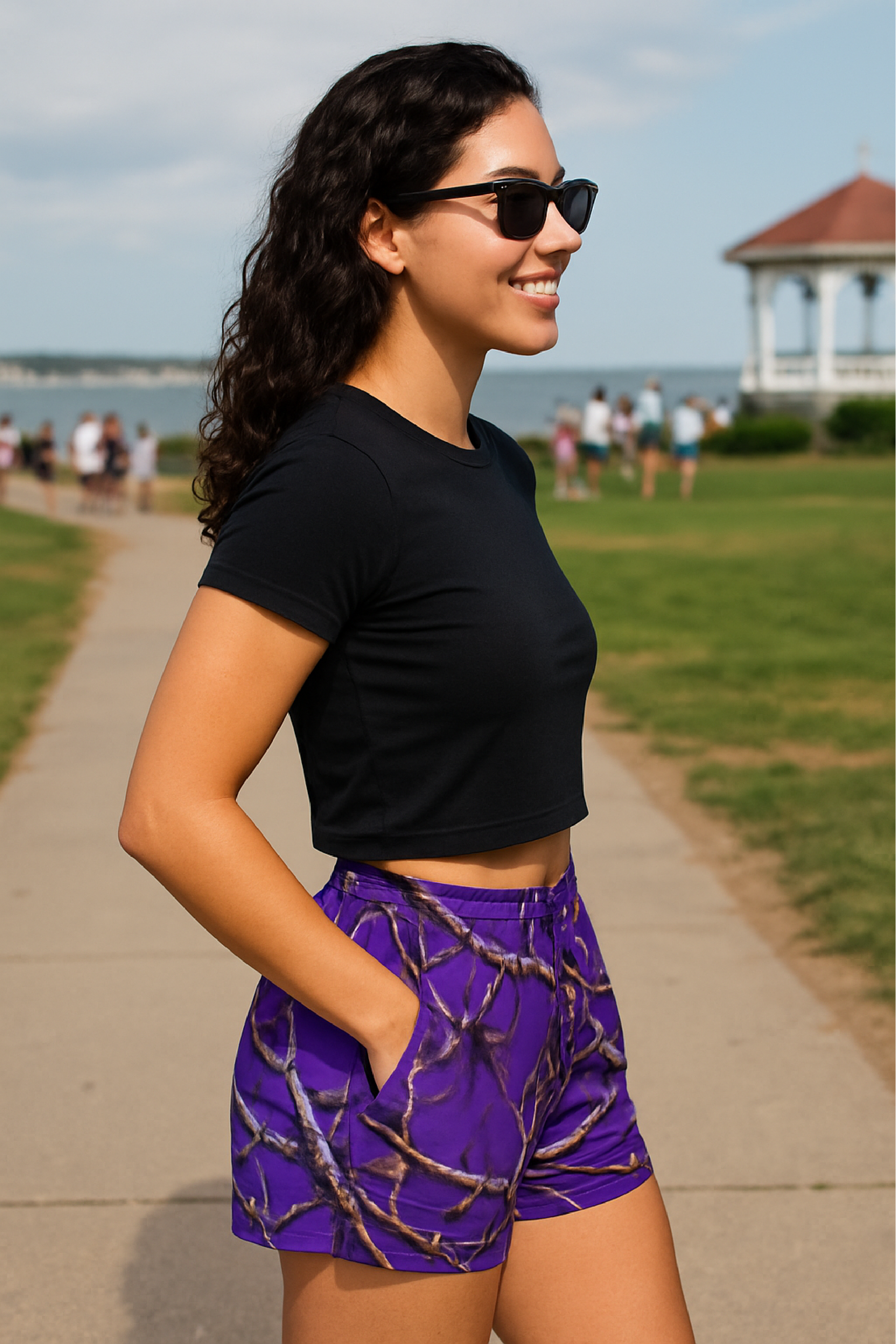 RF Wear Women's Tree Camo Pocket Shorts - Purple - Model Side View