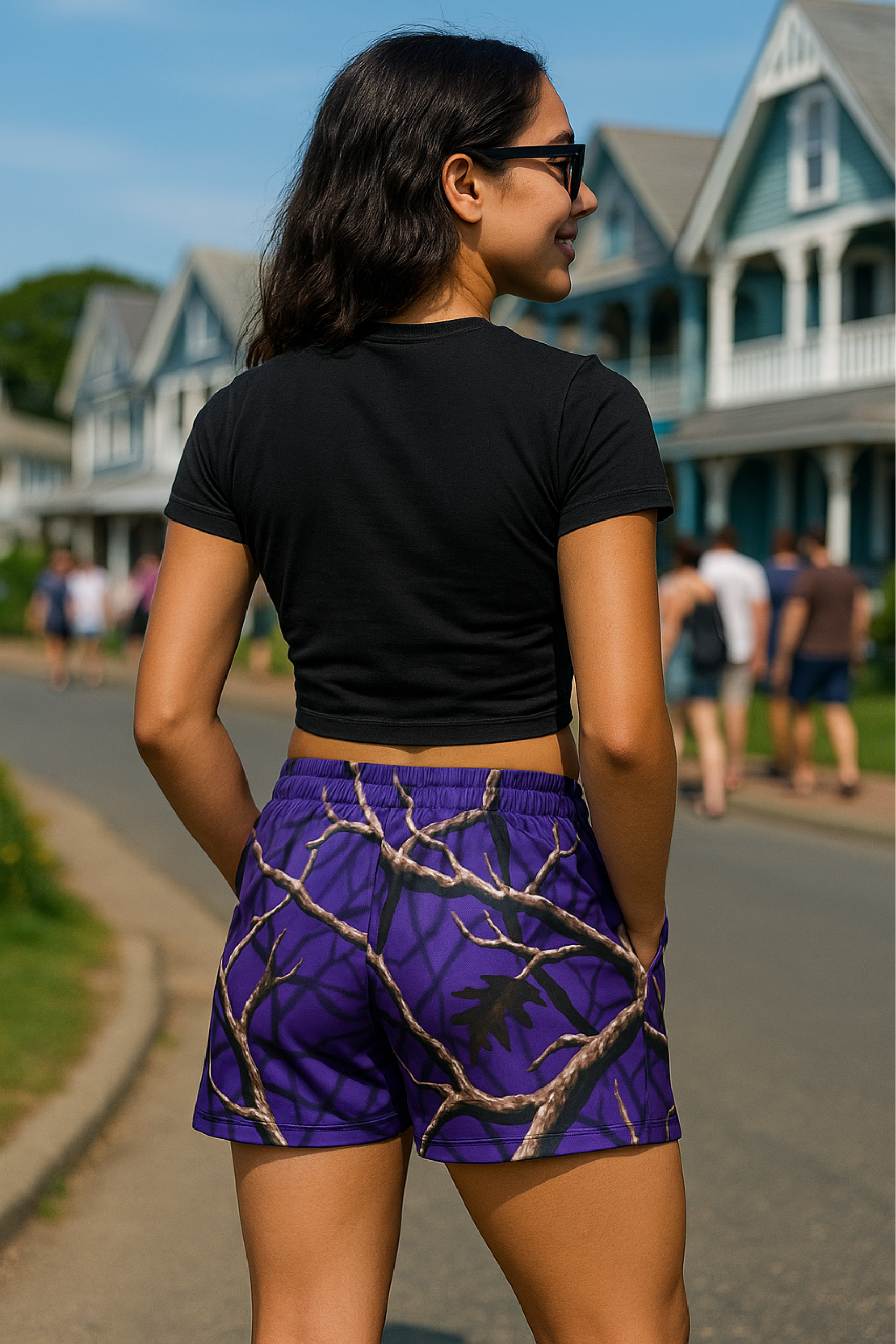 RF Wear Women's Tree Camo Pocket Shorts - Purple - Model Back View