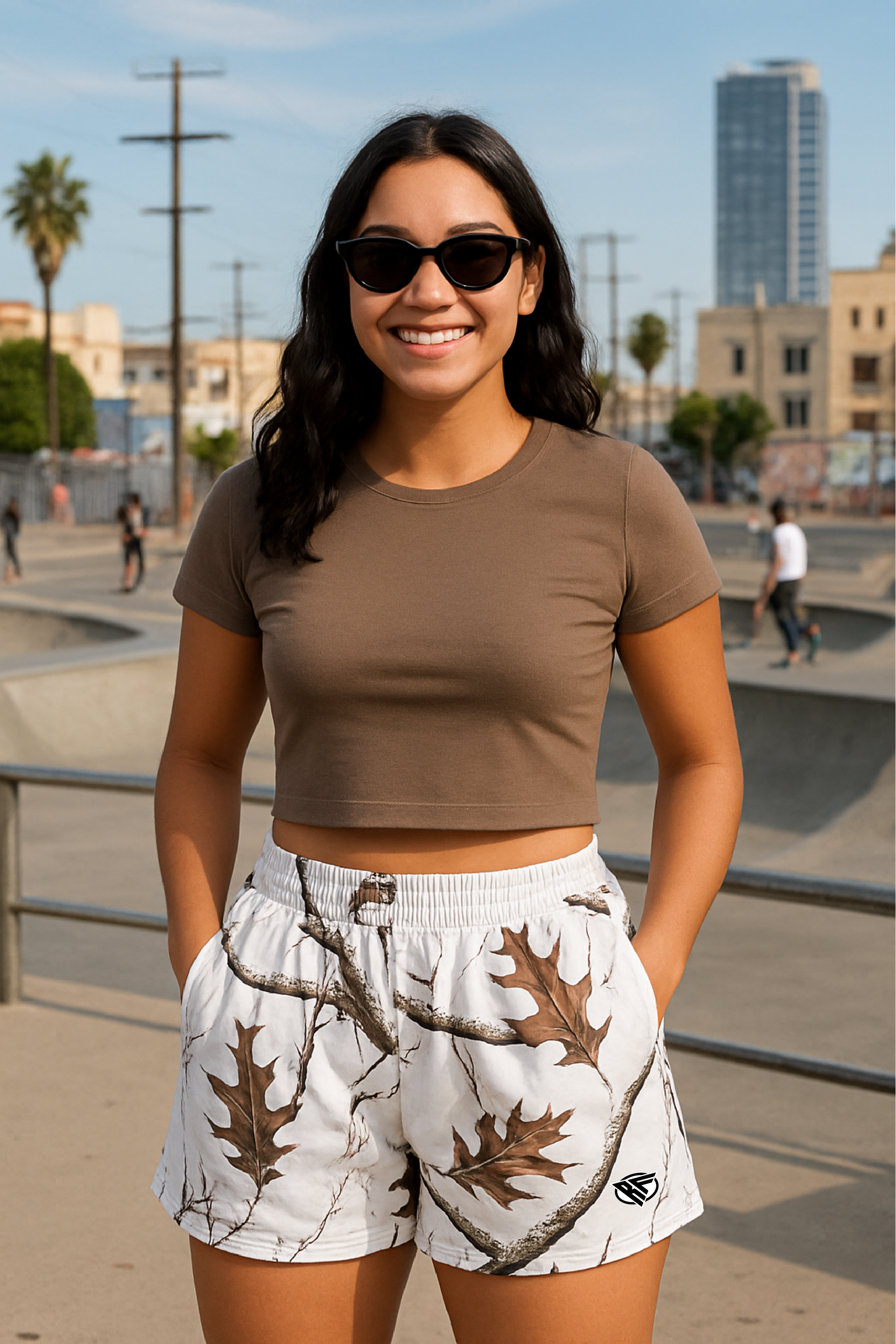 RF Wear Women's Tree Camo Pocket Shorts - Snow - Model Front View