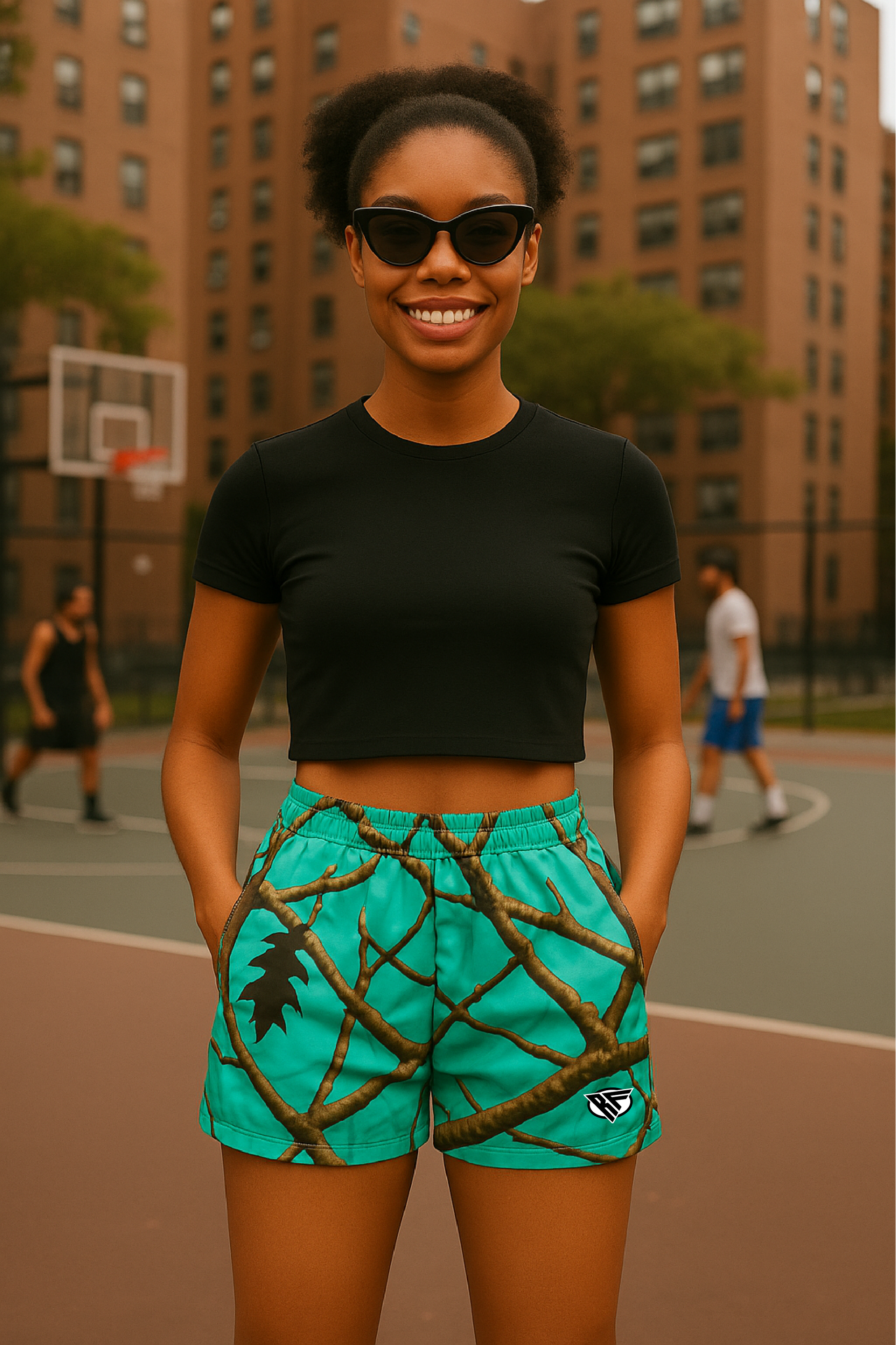 RF Wear Women's Tree Camo Pocket Shorts - Teal - Model Front View
