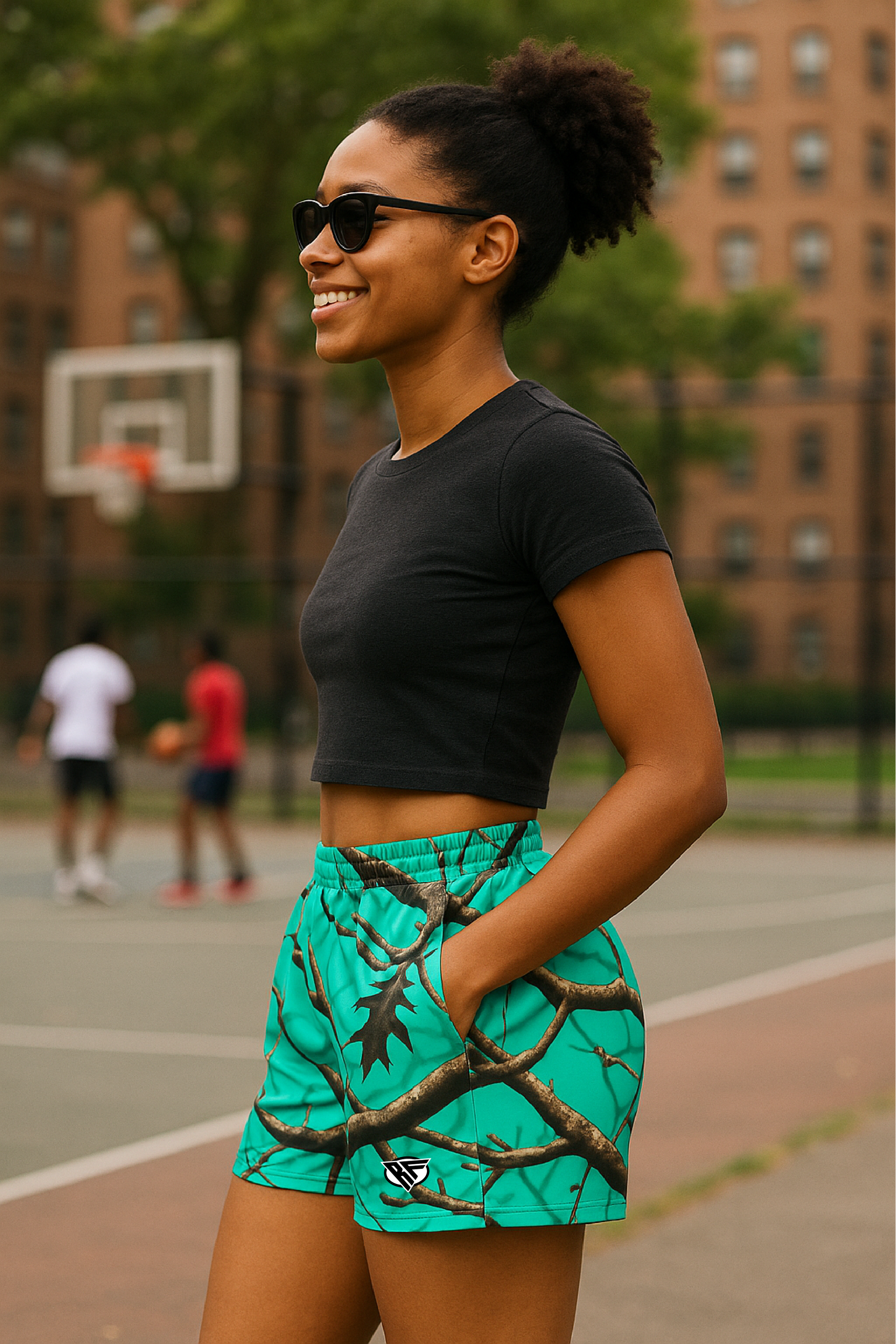 RF Wear Women's Tree Camo Pocket Shorts - Teal - Model Side View
