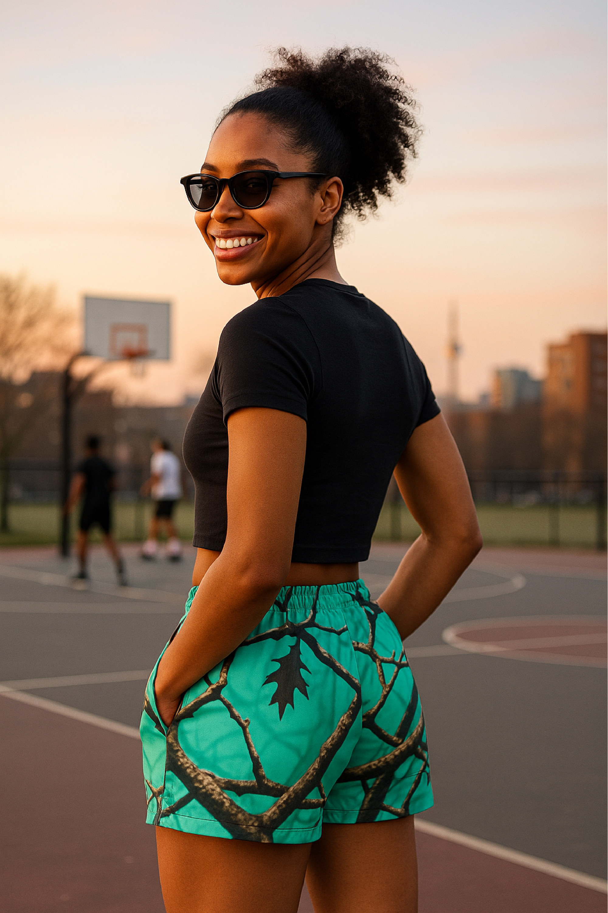 RF Wear Women's Tree Camo Pocket Shorts - Teal - Model Back View