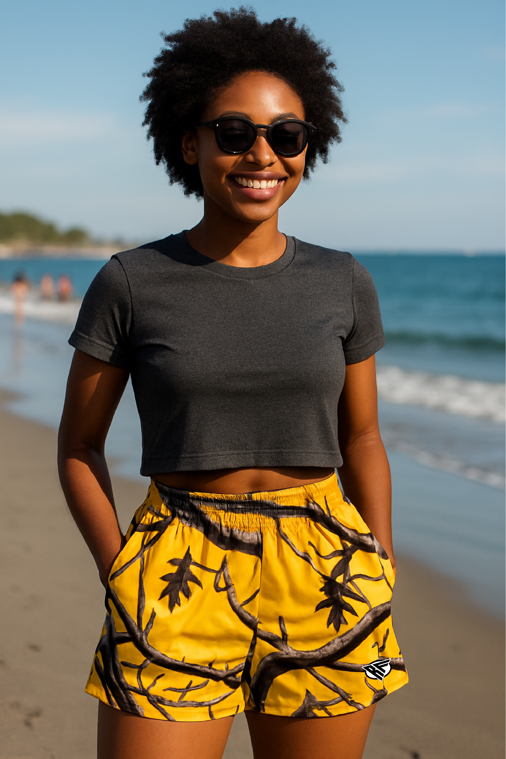 RF Wear Women's Tree Camo Pocket Shorts - Yellow - Model Front View