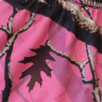 Close-up of RF-Wear Women's Tree Camo Shorts in Pink