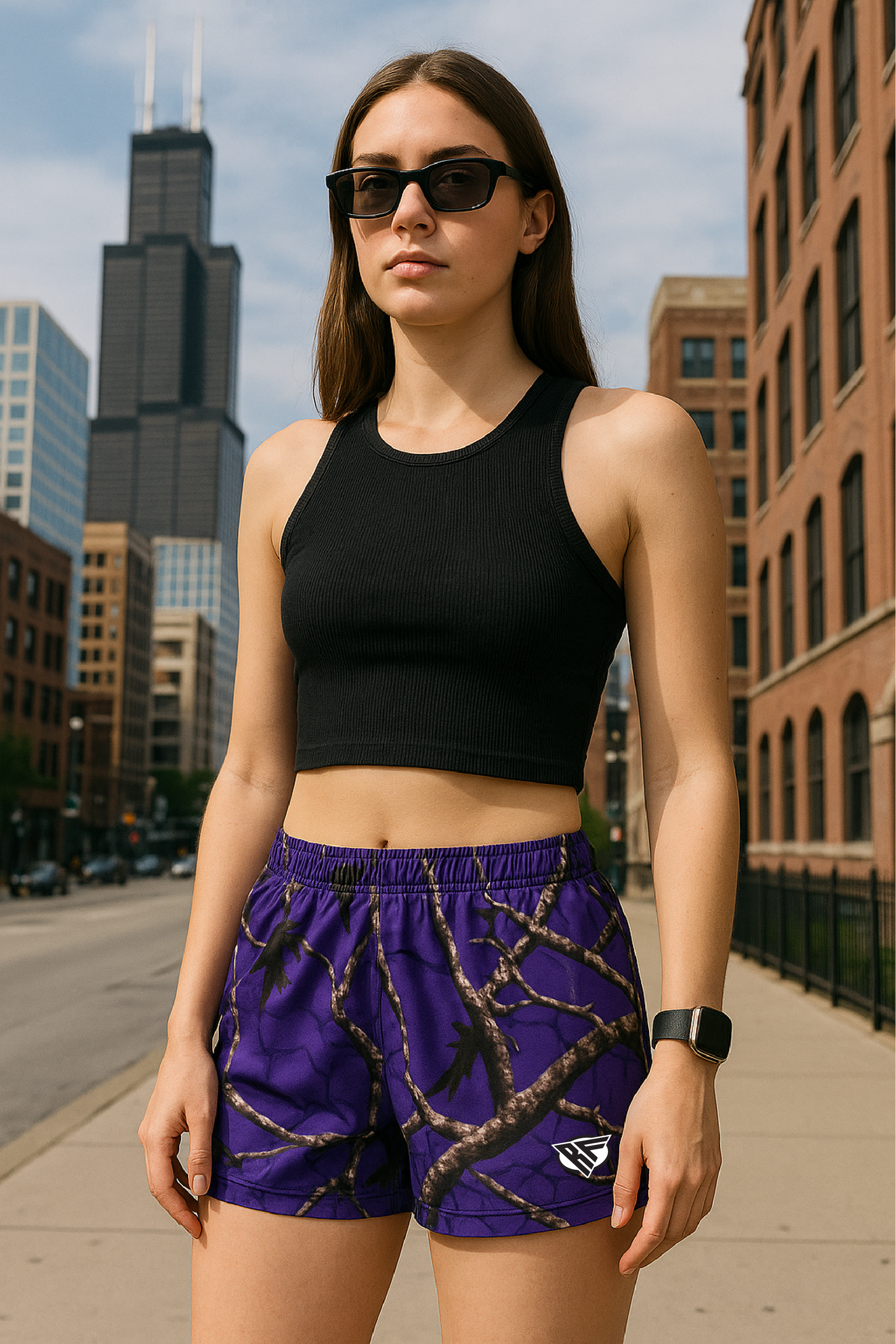 Woman wearing RF-wear Women's Tree Camo Shorts - Purple - Front View