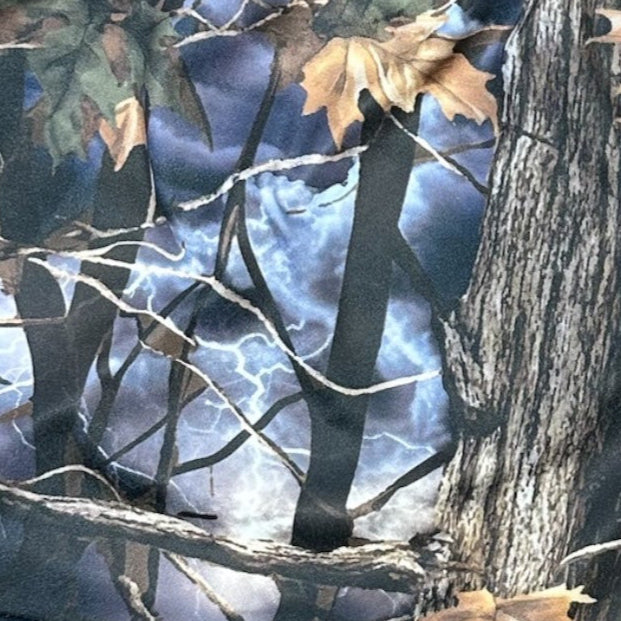 Close-up of RF-Wear Women's Tree Camo Shorts in  Storm