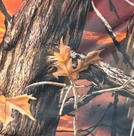 Close-up of RF-Wear Women's Tree Camo Shorts in Sunset