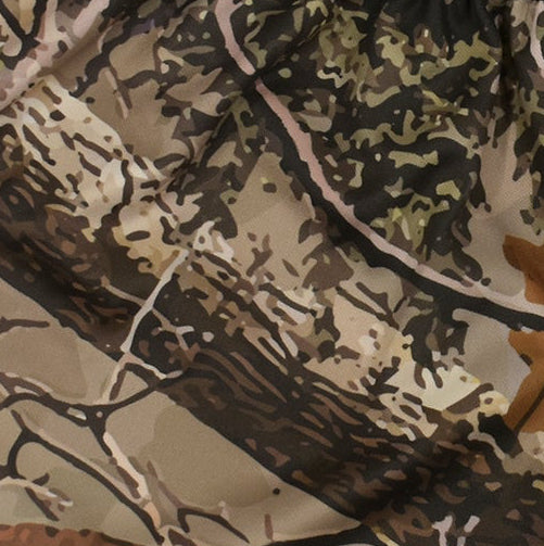 Close-up of tan  tree camo shorts