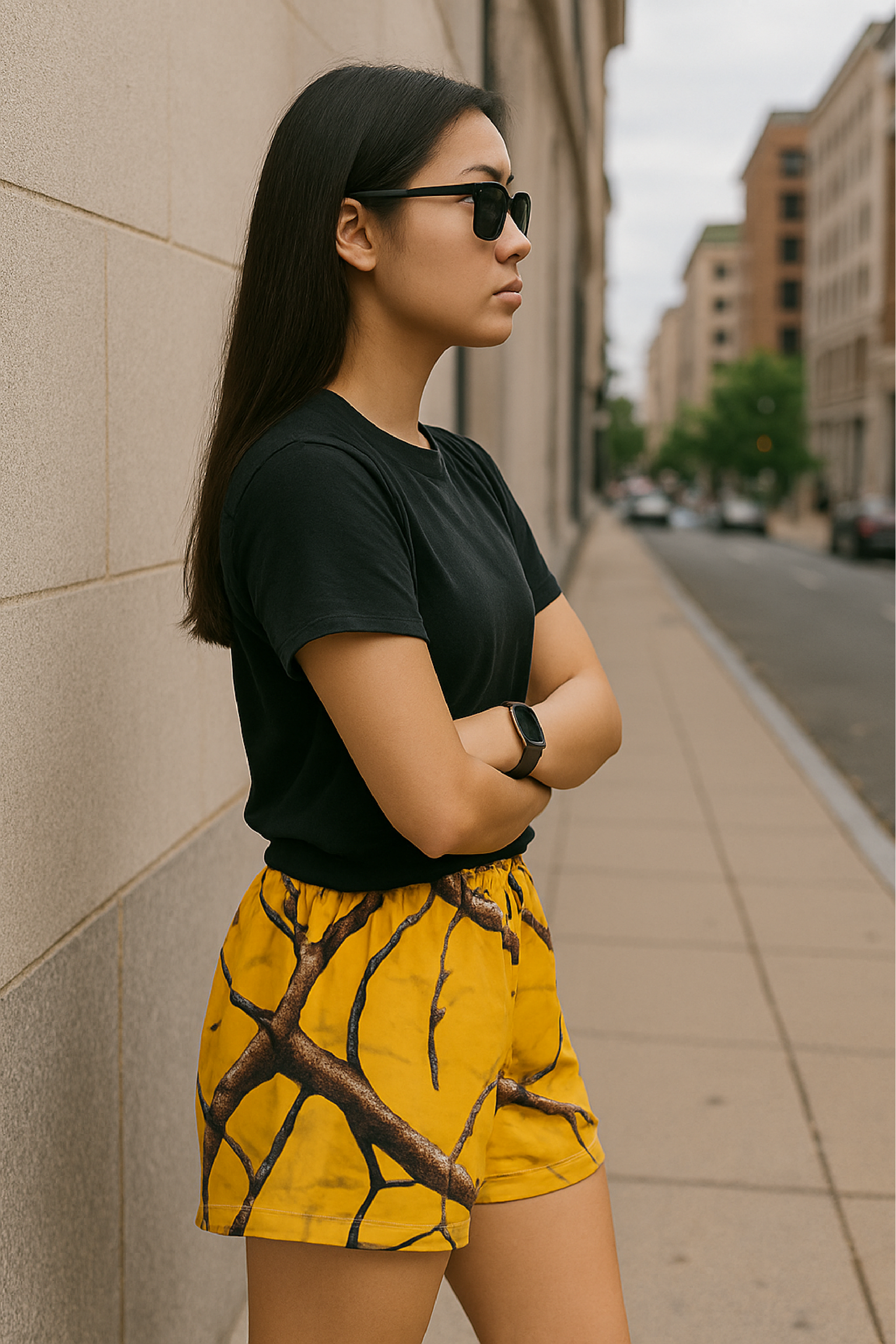 Woman wearing RF-Wear Women's Tree Camo Shorts - Yellow - Side View