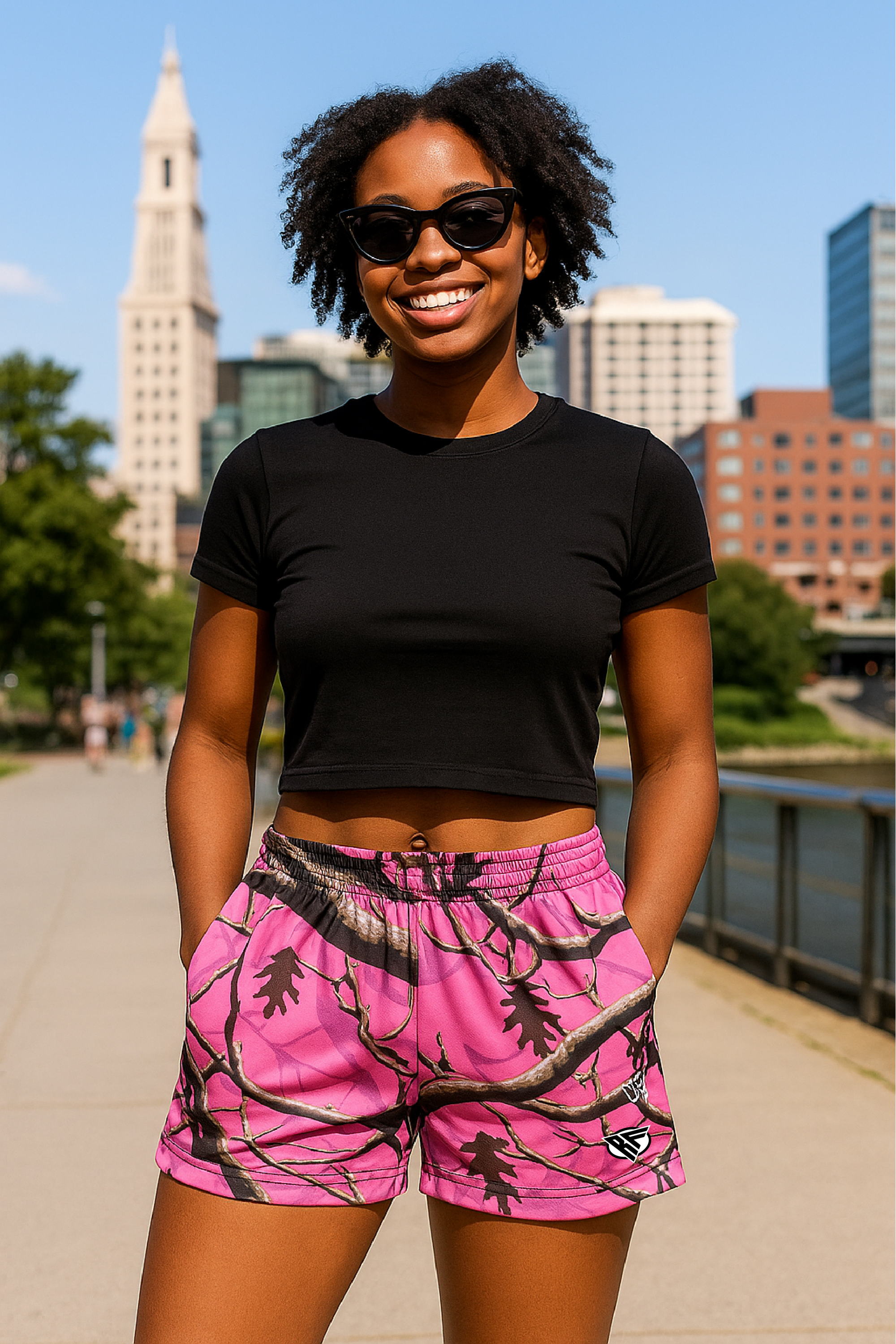 RF Wear Women's Tree Camo Pocket Shorts - Pink - Model Front View