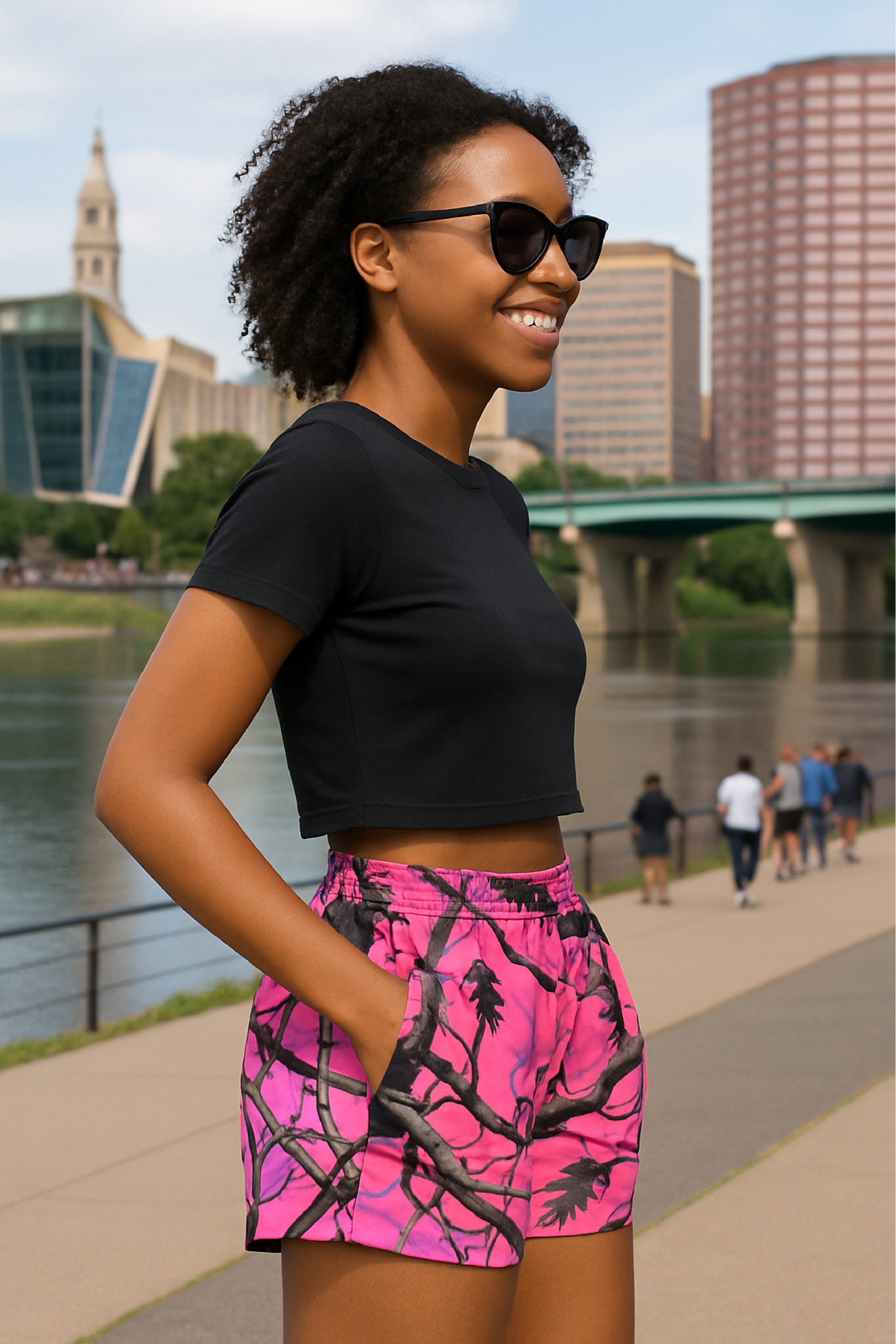 RF Wear Women's Tree Camo Pocket Shorts - Pink - Model Side View