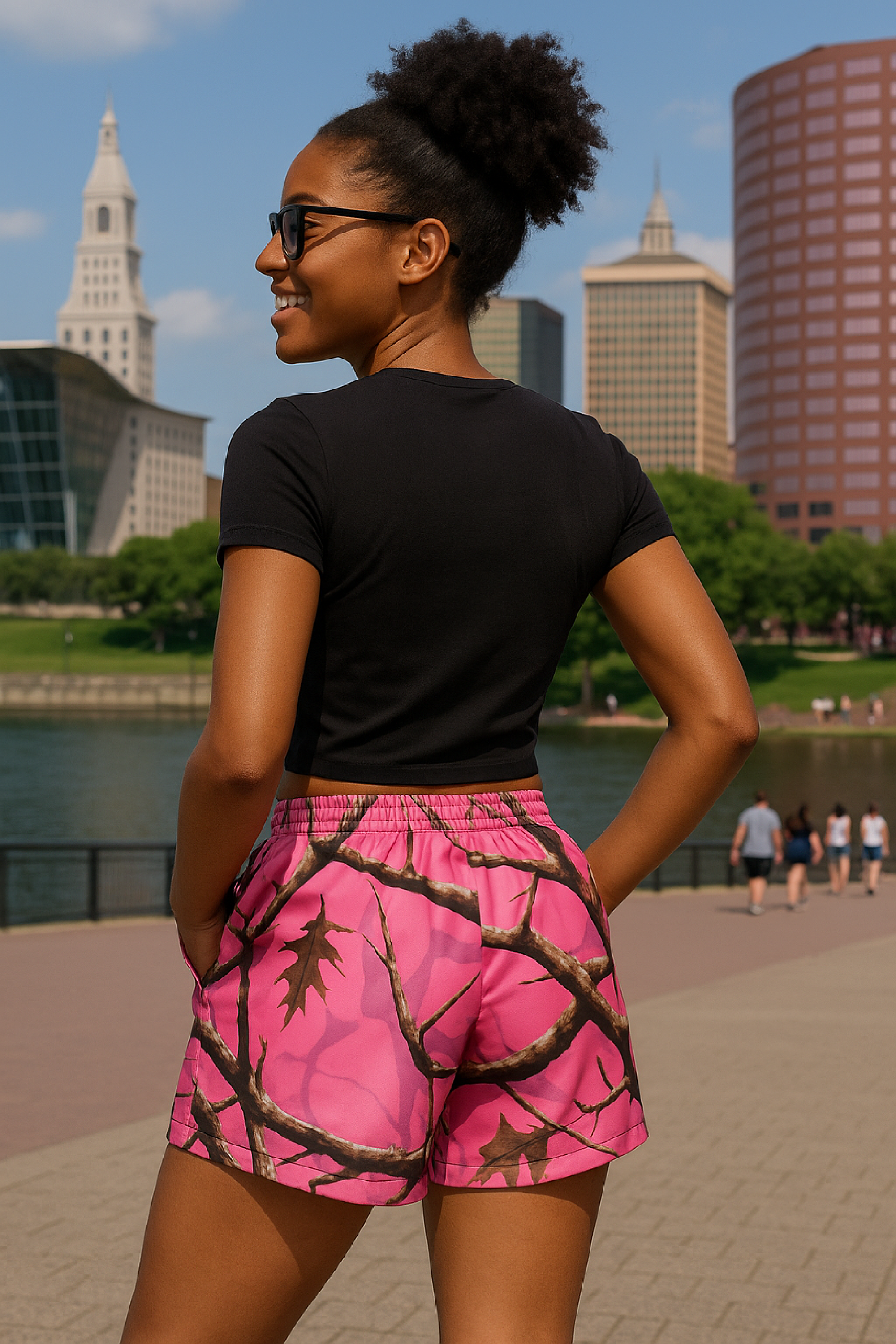 RF Wear Women's Tree Camo Pocket Shorts - Pink - Model Back View