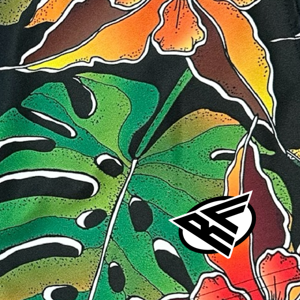 Close-up of RF-Wear Women's Tropical Vibe Shorts in Multicolors with RF logo