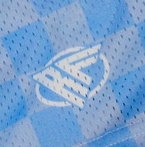 Close-up of RF-Wear Women's Checkered Shorts in Sky-Blue with RF logo