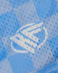 Close-up of RF-Wear Women's Checkered Shorts in Sky-Blue with RF logo