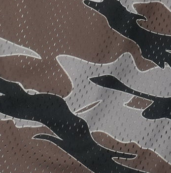 Close-up of RF-Wear Women's Mesh Tiger Camo Shorts in Brown