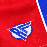 Close-up of RF-Wear Women's Star Trim Shorts in Red with RF logo