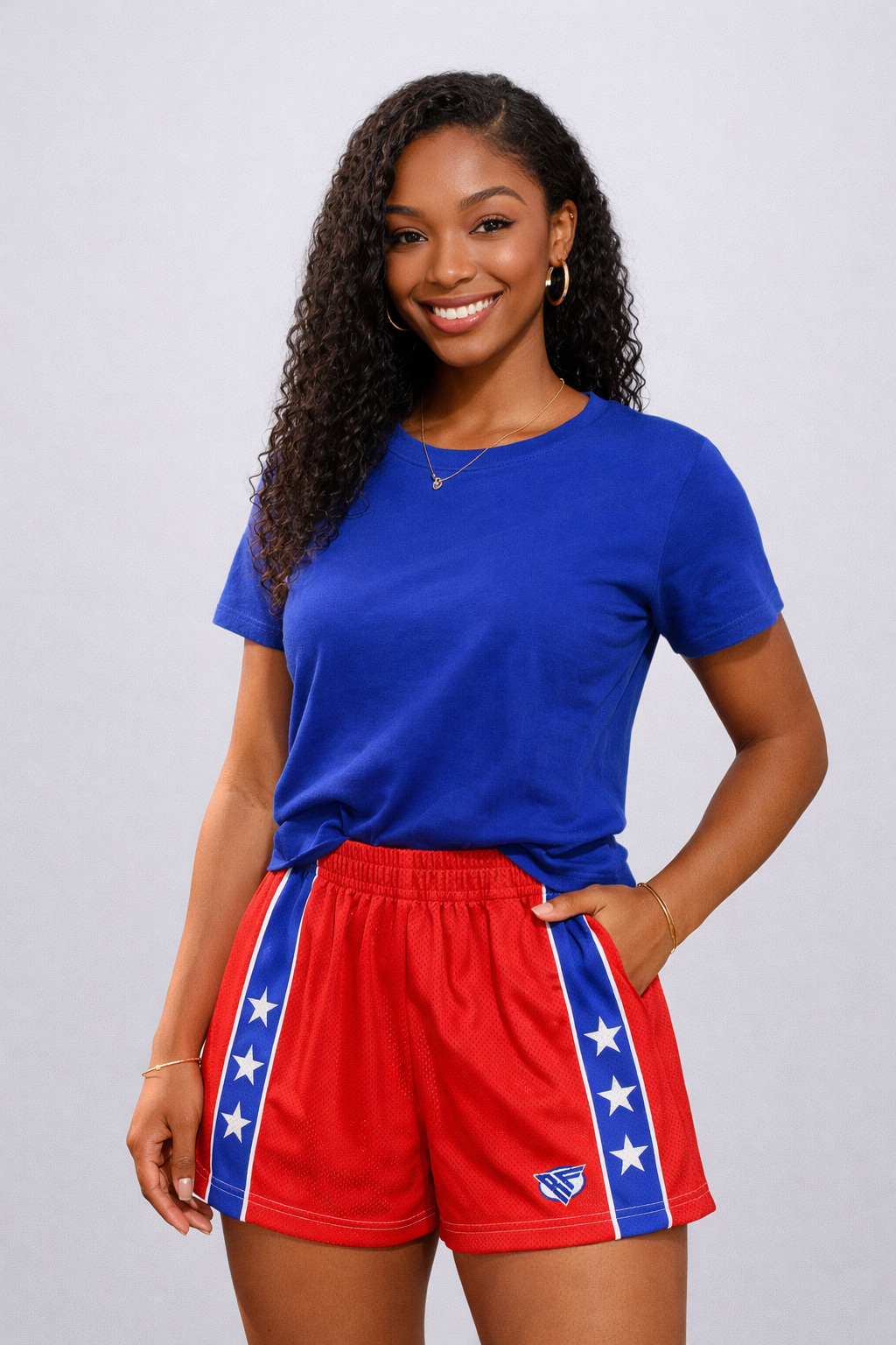 Woman wearing RF-Wear Women's Star Trim Shorts in Red