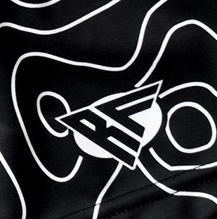 Close-up of RF-Wear Women's Topography Shorts in Black/White with RF logo