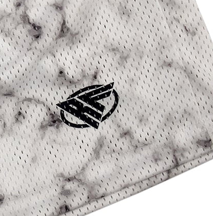 Close-up of RF-Wear Men's Mesh Marble Shorts in Black/White with RF logo