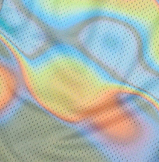 Close-up of RF-Wear Men's Mesh Holographic Shorts in Multicolor