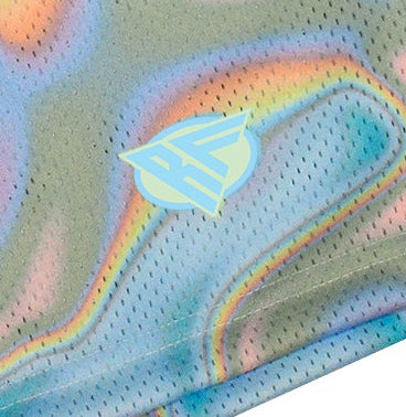 Close-up of RF-Wear Men's Mesh Holographic Shorts in Multicolor with RF logo