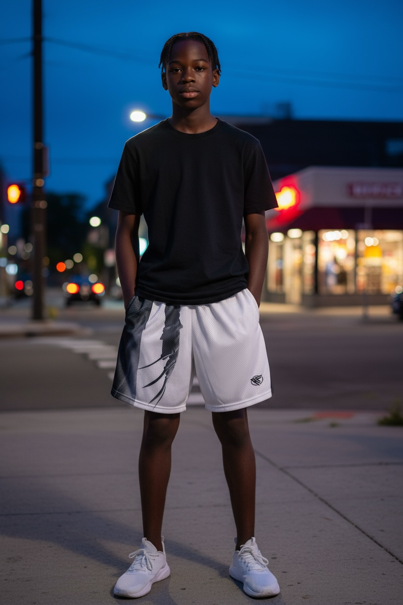Man wearing a black t-shirt and RF-Wear Men's Mesh Horror Freddy 2.0 Shorts in White