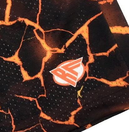 Close-up of RF-Wear Men's Mesh Lava Shorts in Black/Orange with RF logo