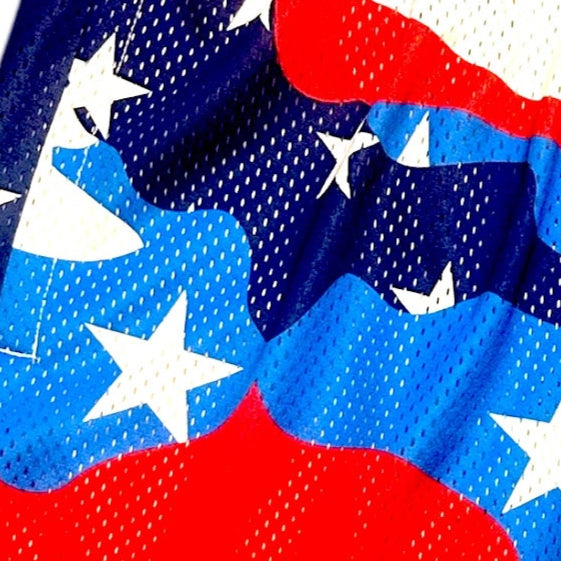 Close-up of RF-Wear Men's Mesh Patriotic Camo Shorts in Red/White/Blue