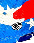 Close-up of RF-Wear Men's Mesh Patriotic Camo Shorts in Red/White/Blue with RF logo