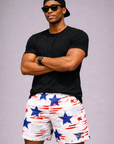 Man wearing a black t-shirt and RF-Wear Men's Mesh Patriotic Grunge Shorts in Red/White/Blue