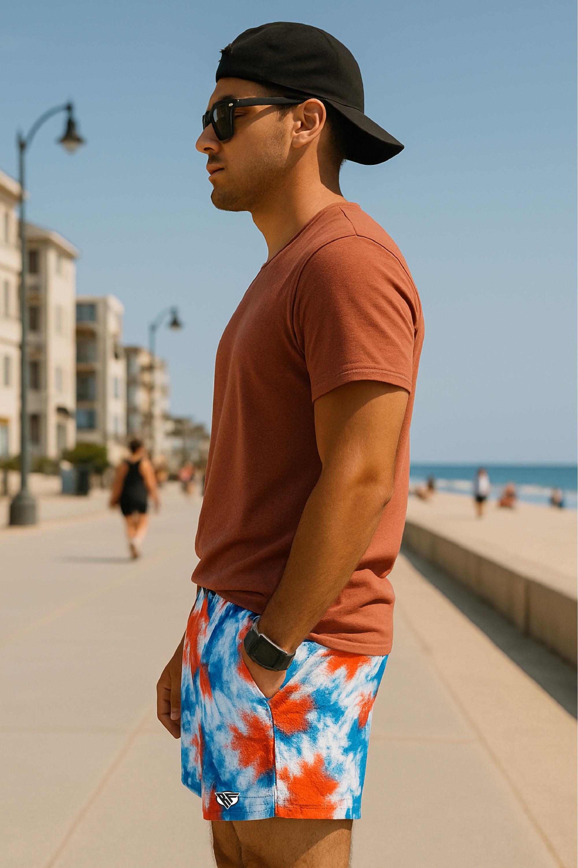 RF Wear Mesh Patriotic Tie Dye Shorts - Red/White/Blue - Model Side View