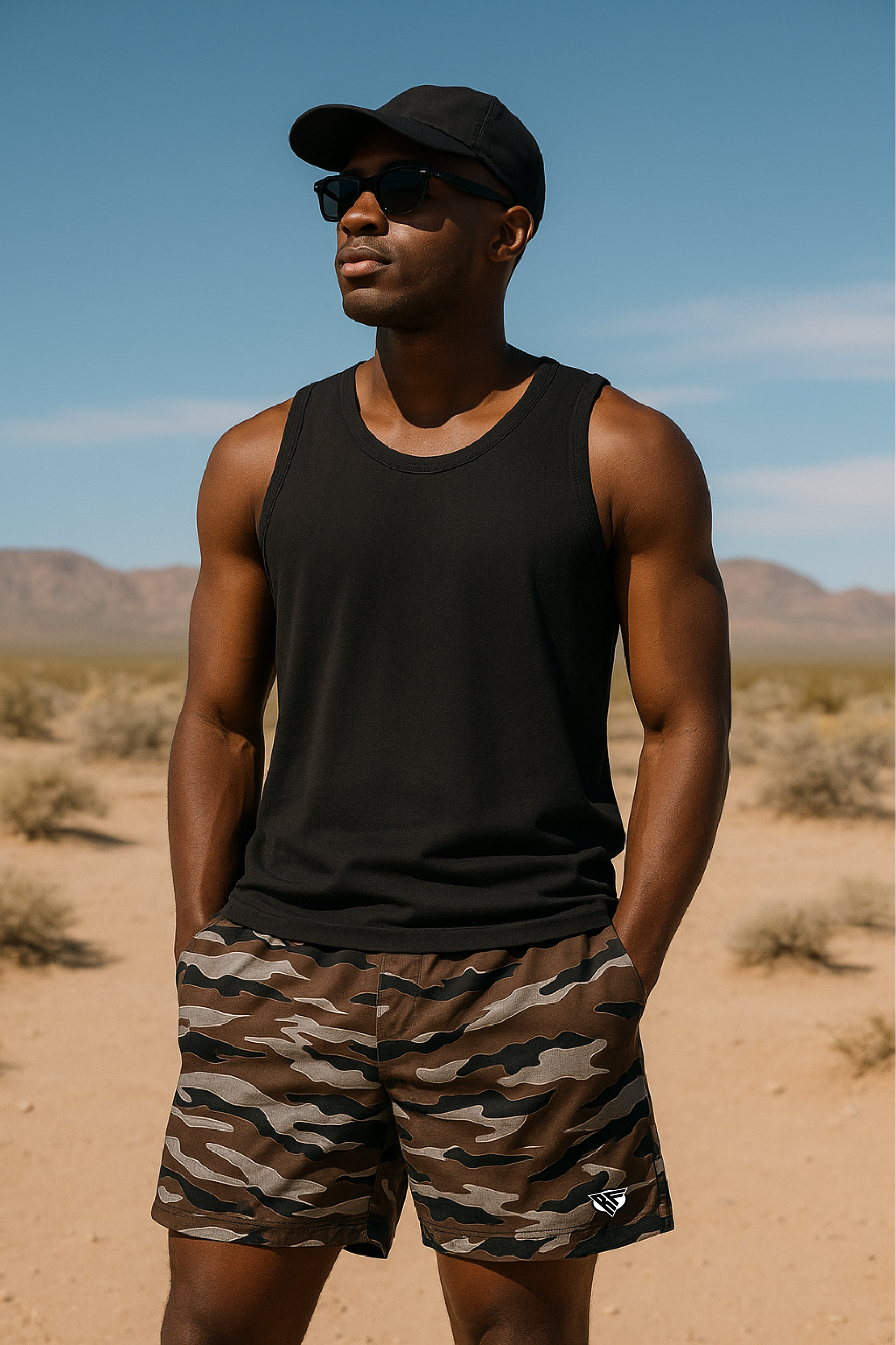 Man wearing RF-Wear Men's Mesh Tiger Camo Shorts in Brown 