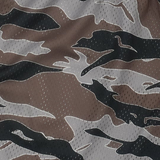 Close-up of RF-Wear Men's Mesh Tiger Camo Shorts in Brown 