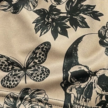Close-up of RF-Wear Mens Split Skull shorts in Tan/Black