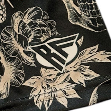 Close-up of RF-Wear Mens Split Skull shorts in Tan/Black with RF Logo
